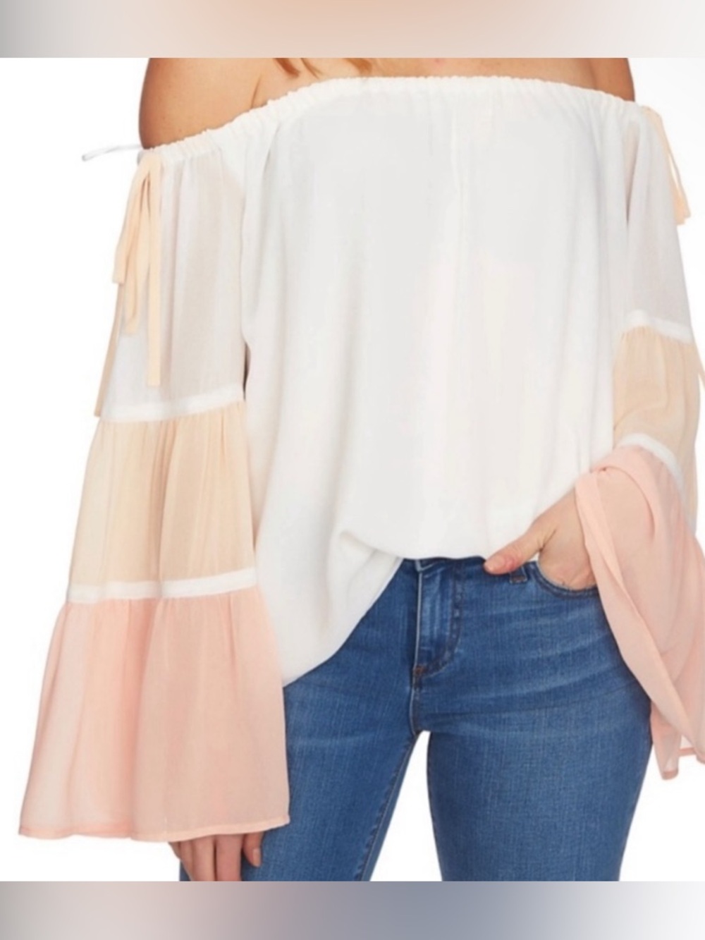 1.State Sheer Tiered Off The Shoulder Bell Sleeve Blouse NWT Size M